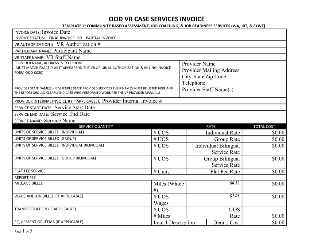 Ood Vr Case Services Invoice