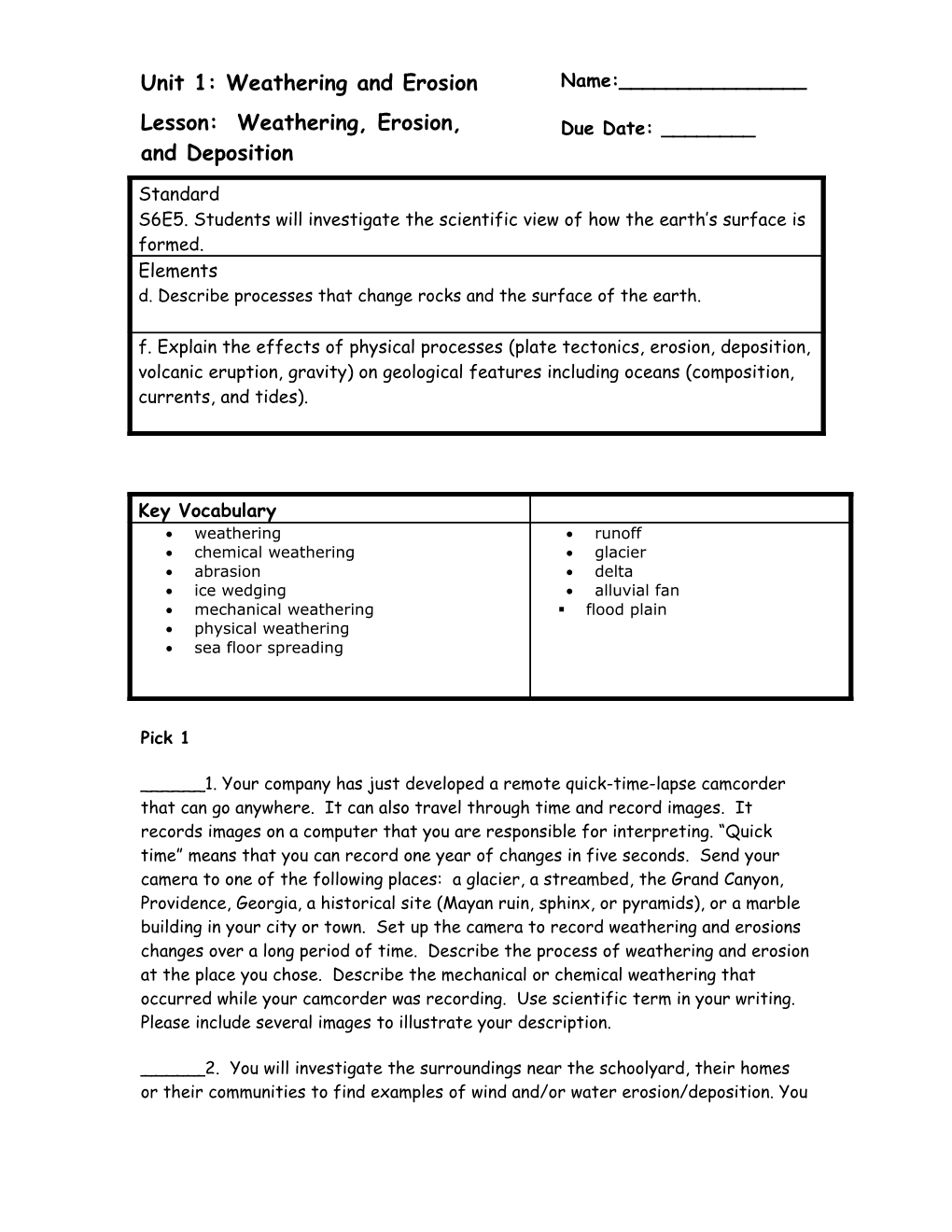 Unit 1: Weathering and Erosion