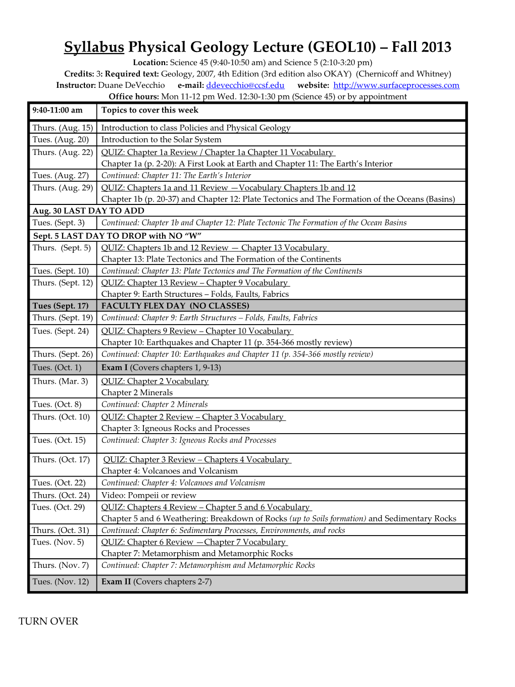 Syllabus Physical Geology Lecture (GEOL10) Fall 2013