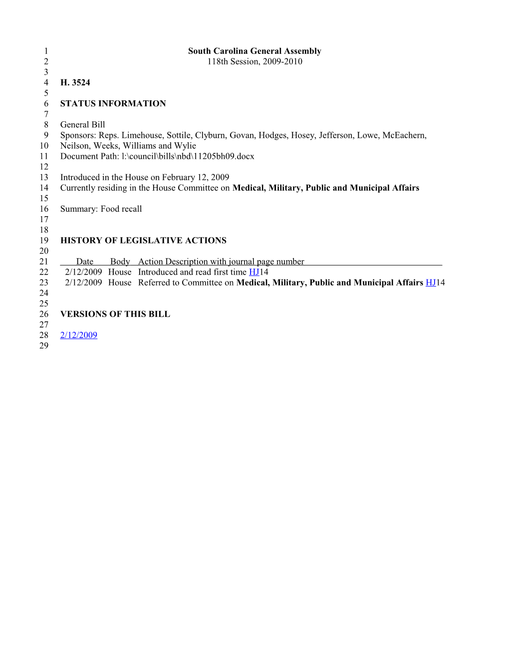 2009-2010 Bill 3524: Food Recall - South Carolina Legislature Online