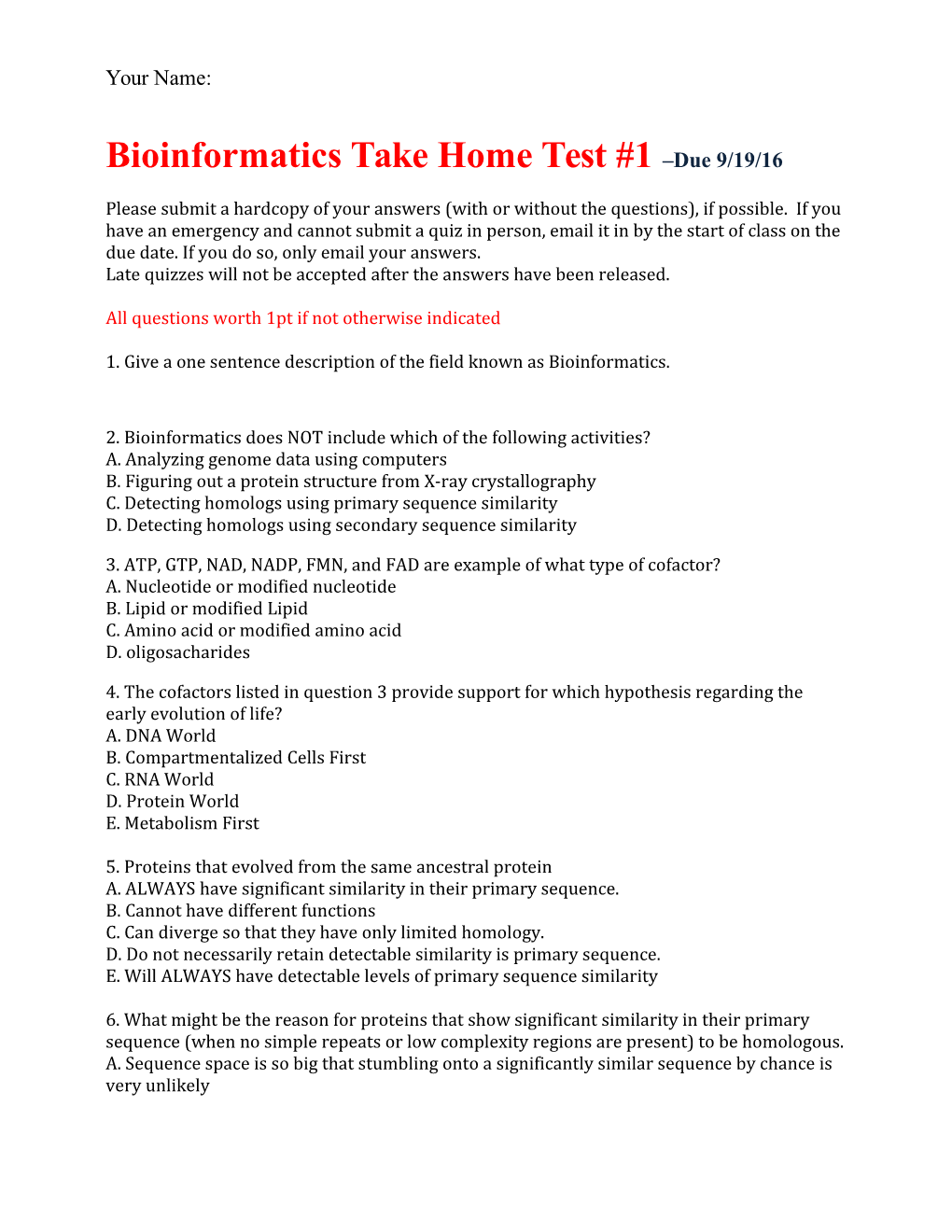 Bioinformatics Take Home Test #1 Due 9/19/16