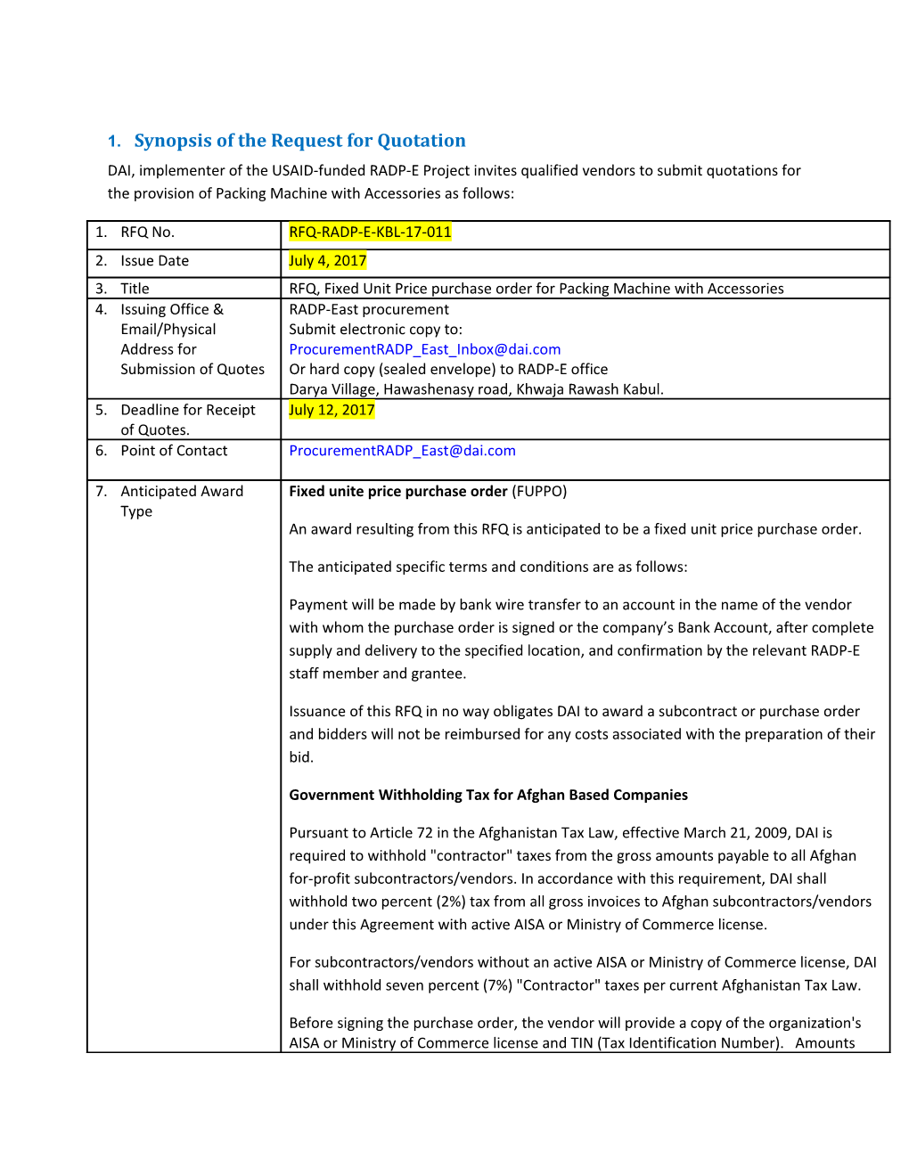 1. Synopsis of the Request for Quotation s2