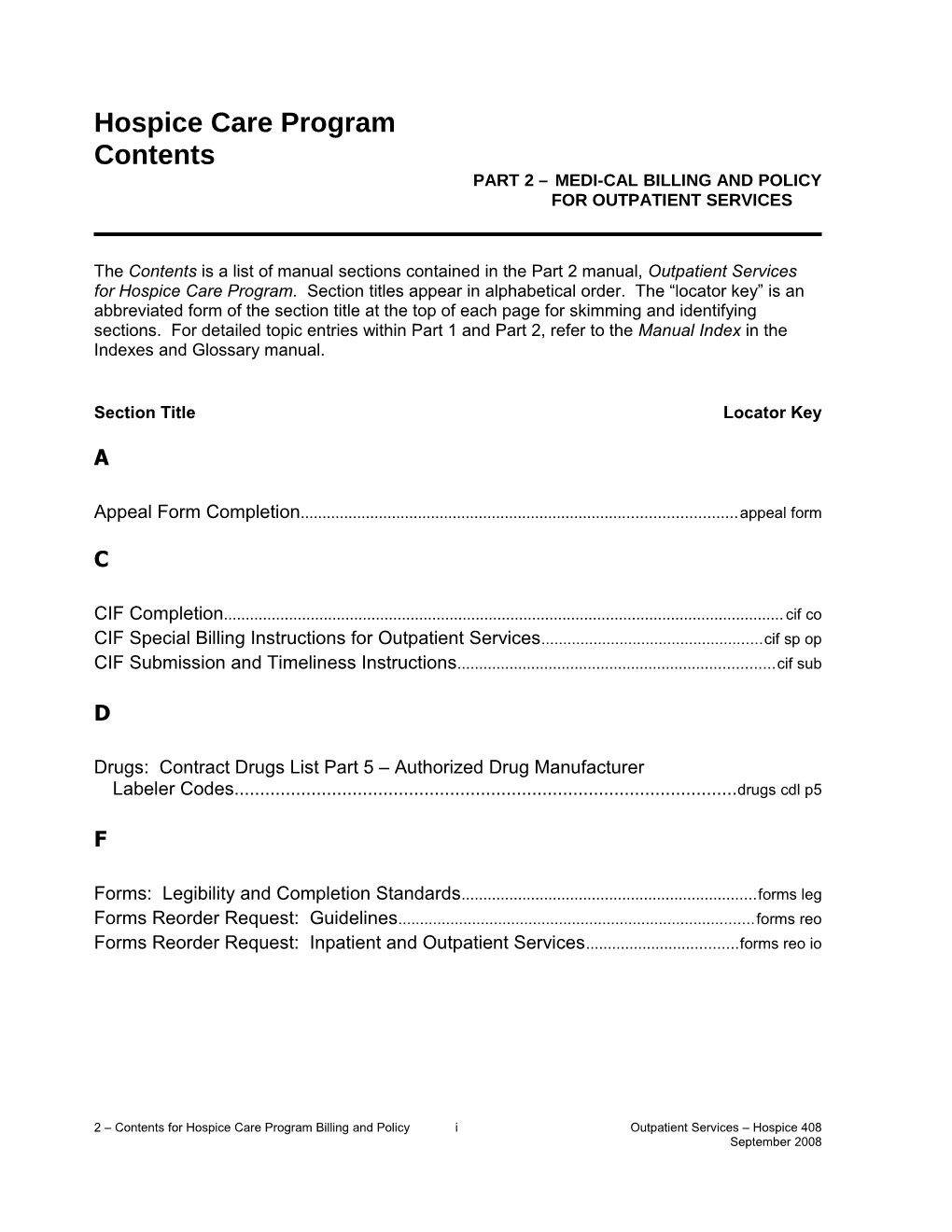 Contents (Part 2 Program Medi-Cal Billing and Policy): Hospice Care (HOS)