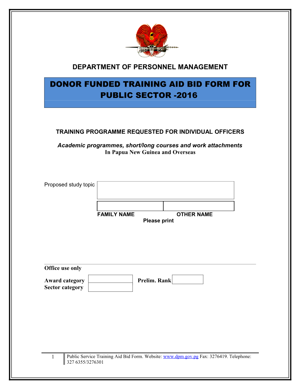 Donor Funded Training Aid Bid Form for Public Sector -2016