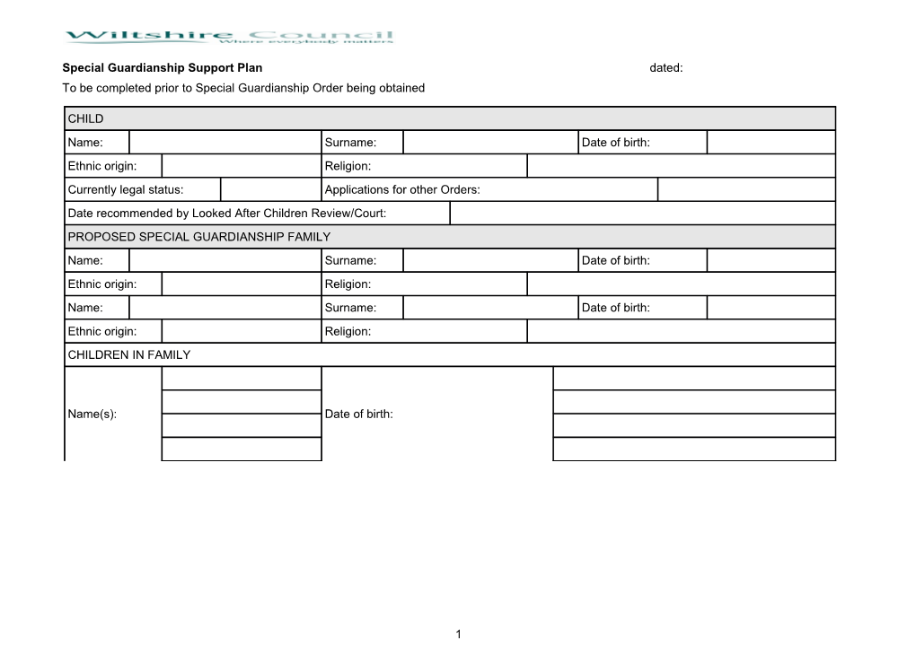 Special Guardianship Support Plan Dated