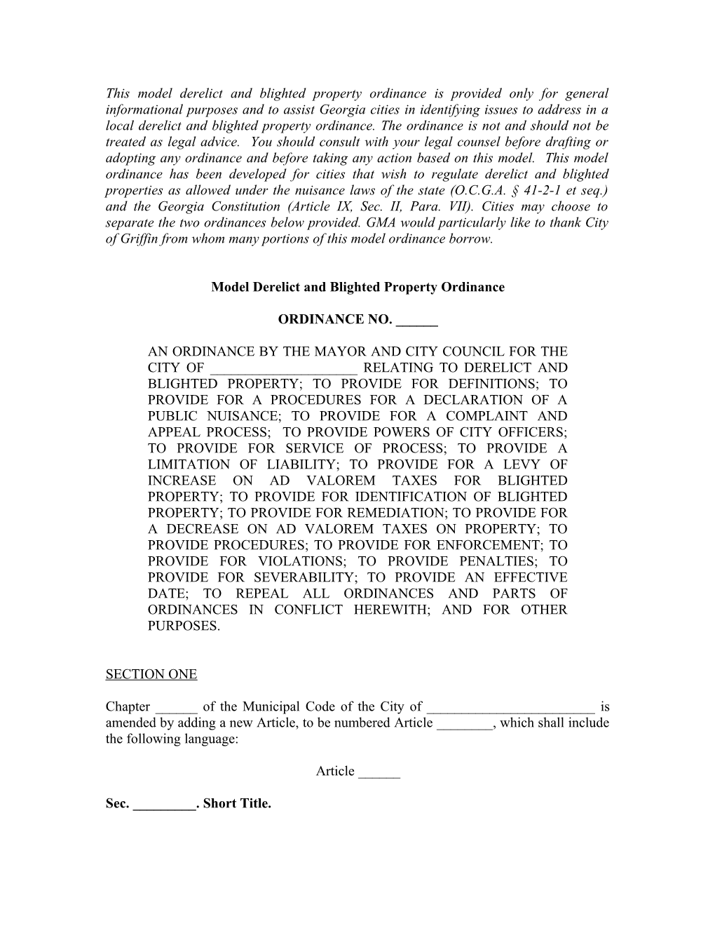 Model Derelict and Blighted Property Ordinance