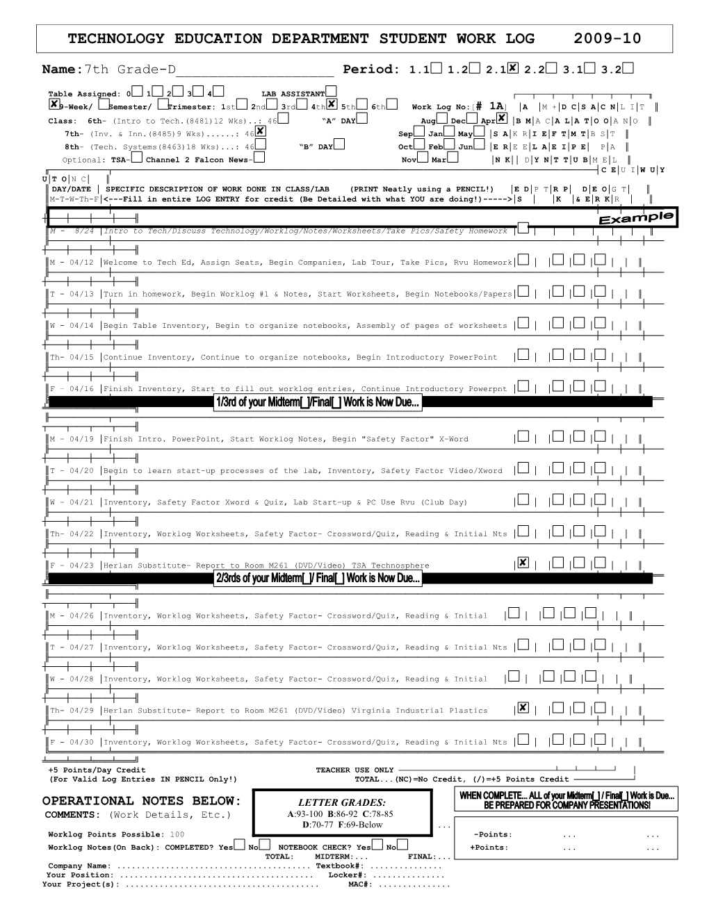 Technology Education Department Student Work Log