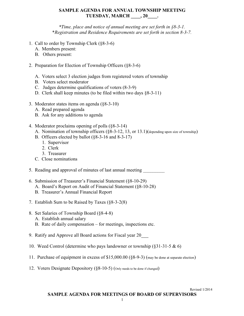 Sample Agenda for Annual Township Meeting