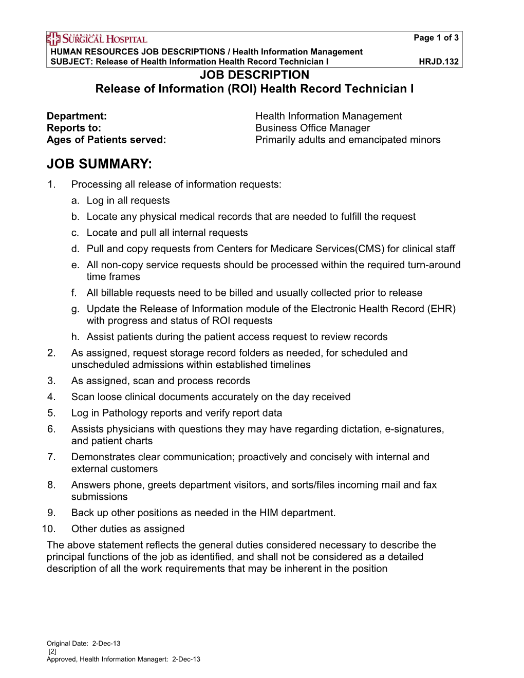HRJD.132 Release of Information (ROI) Health Record Technician I