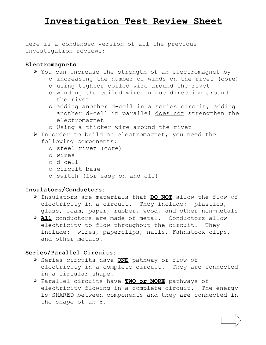 Investigation Test Review Sheet