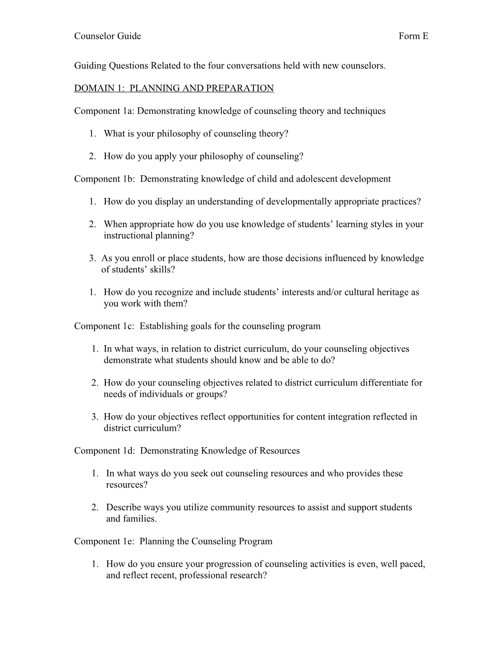 Guiding Questions Related to the Four Conversations Held with New Counselors