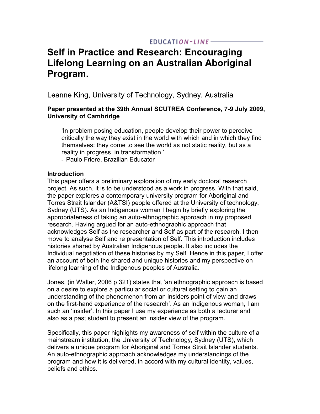 Self in Practice and Research: Encouraging Lifelong Learning on an Australian Aboriginal