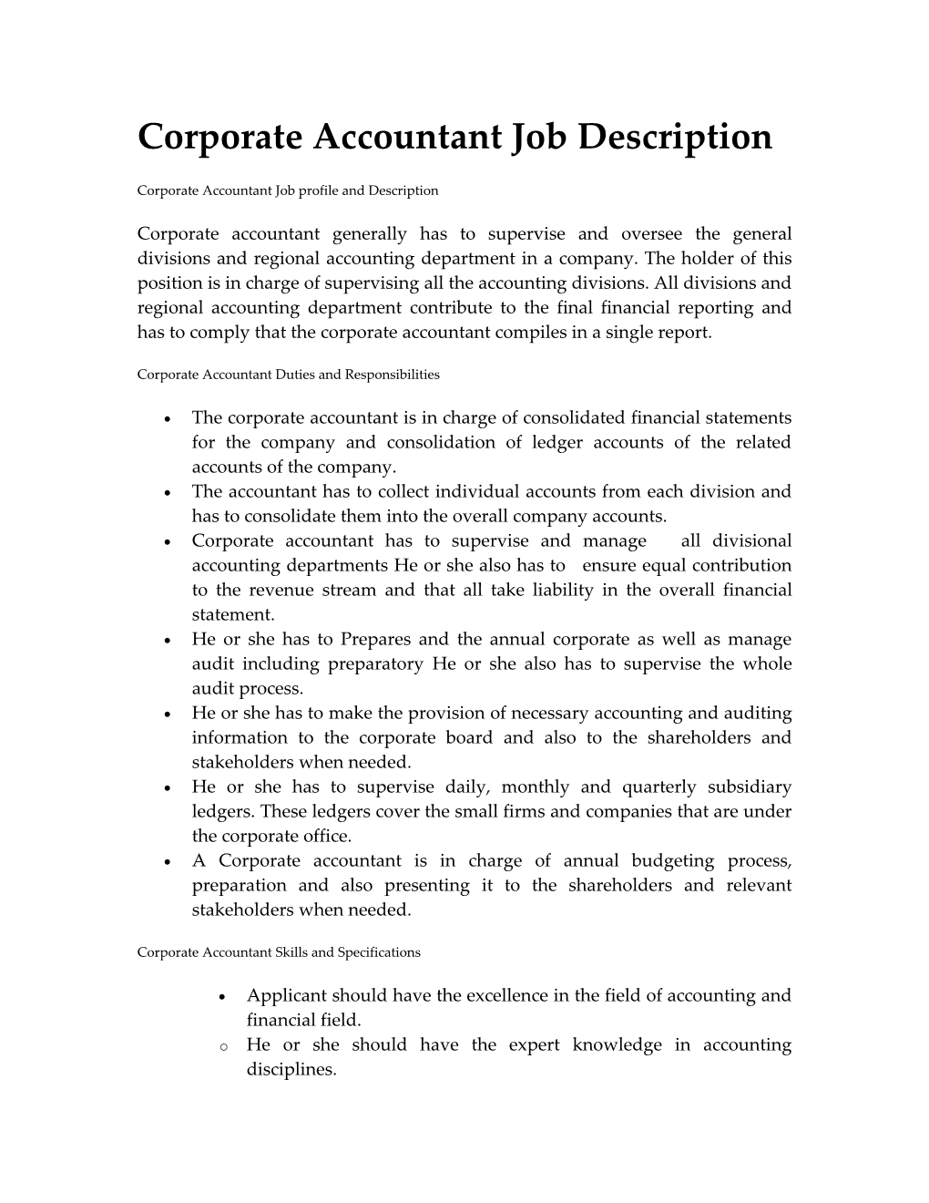 Corporate Accountant Job Description