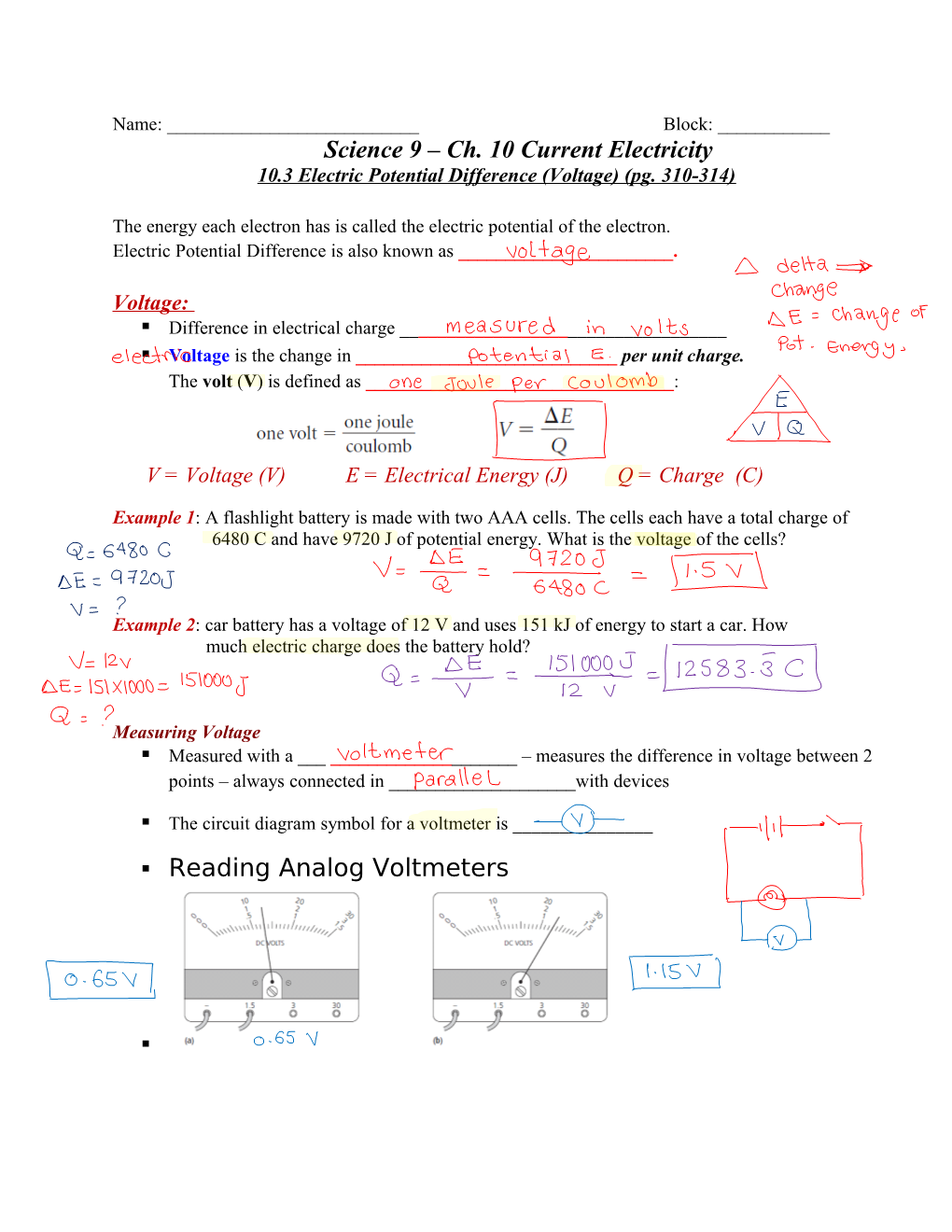10.3 Electric Potential Difference (Voltage) (Pg. 310-314)