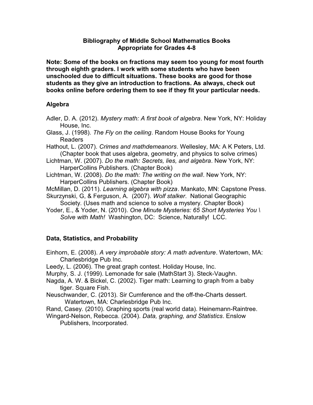 Bibliography of Middle School Mathematics Books