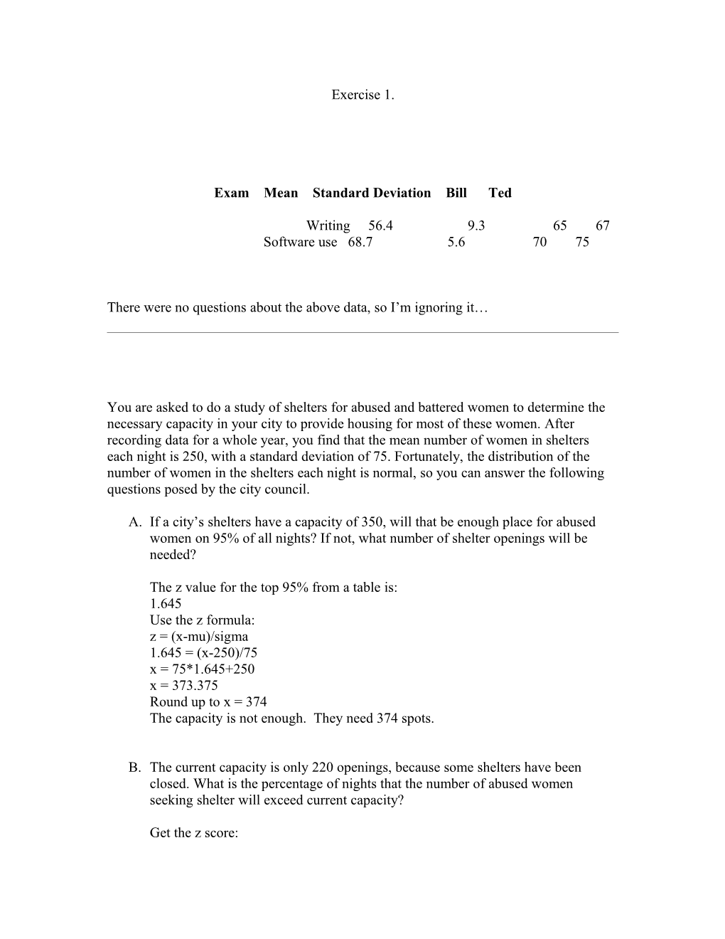 Exam Mean Standard Deviation Bill Ted