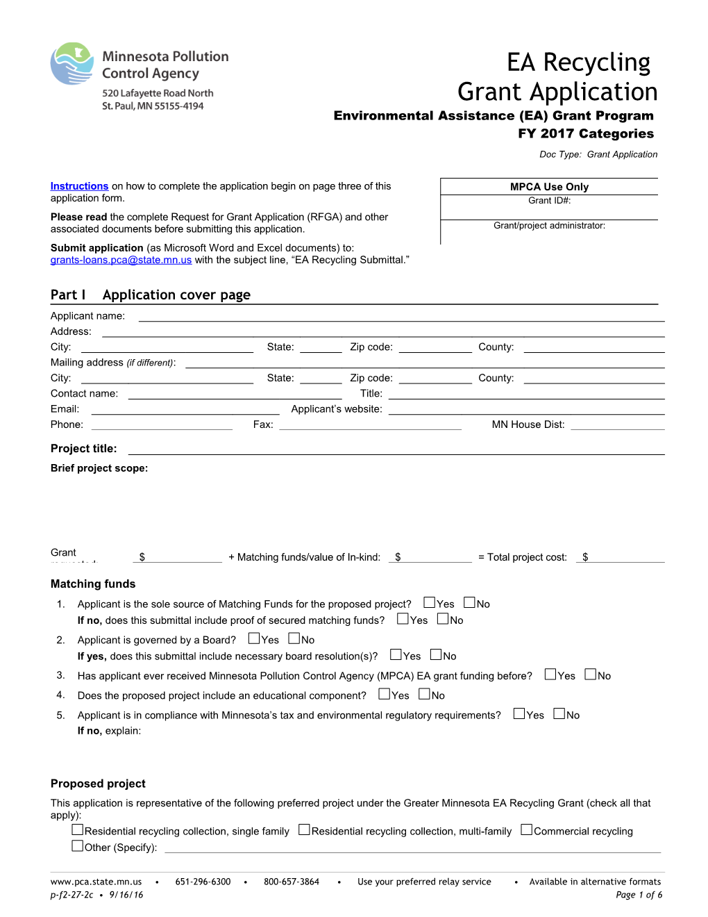 EA Recycling Grant Application - Environmental Assistance (EA) Grant Program - Form