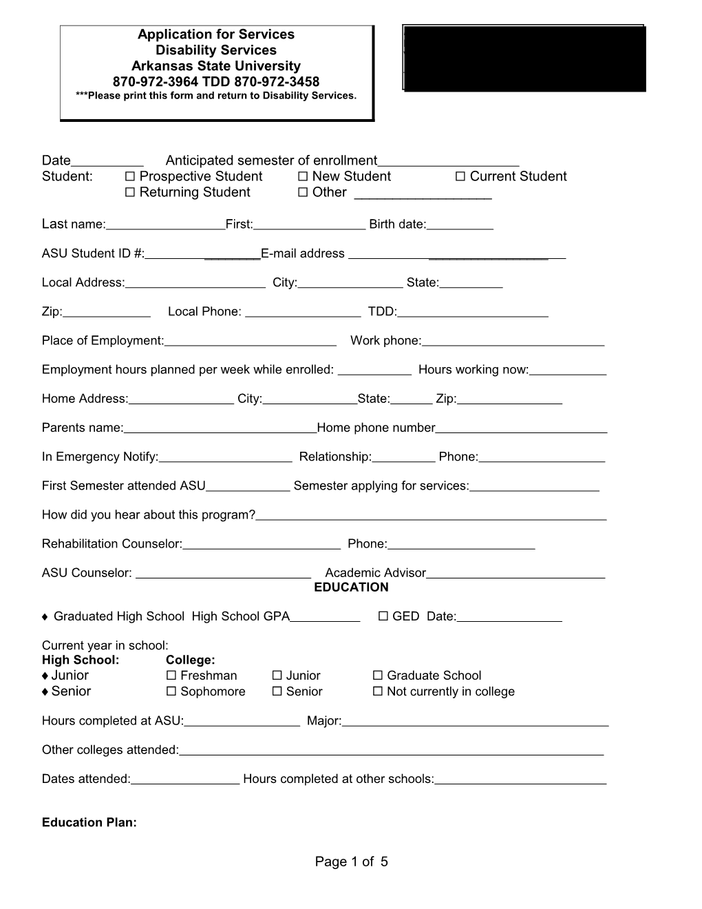 Please Print This Form and Return to Disability Services