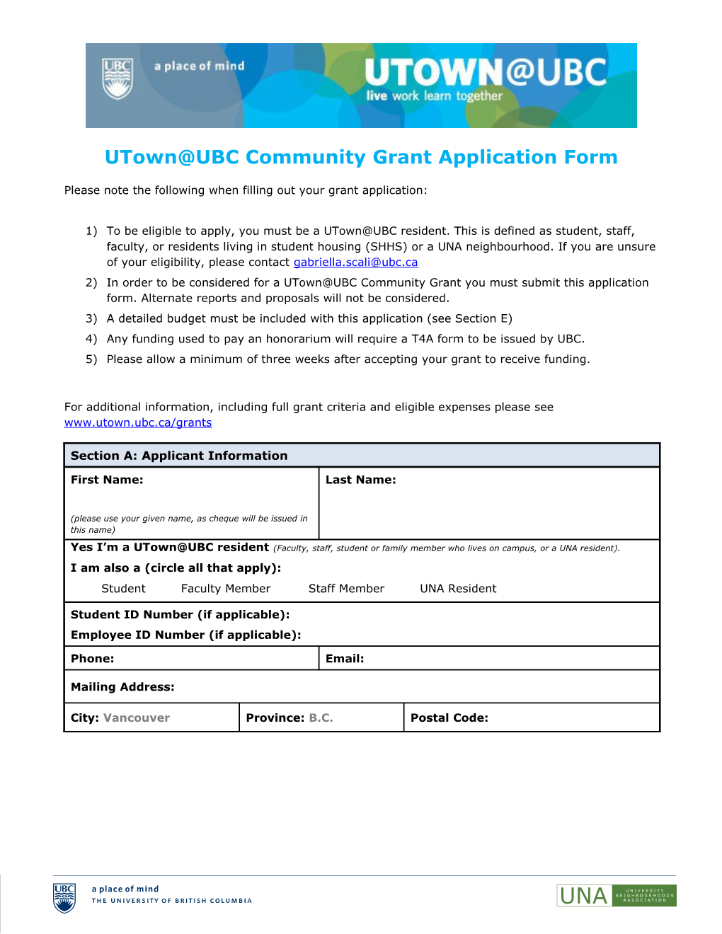 Utown UBC Community Grant Application Form