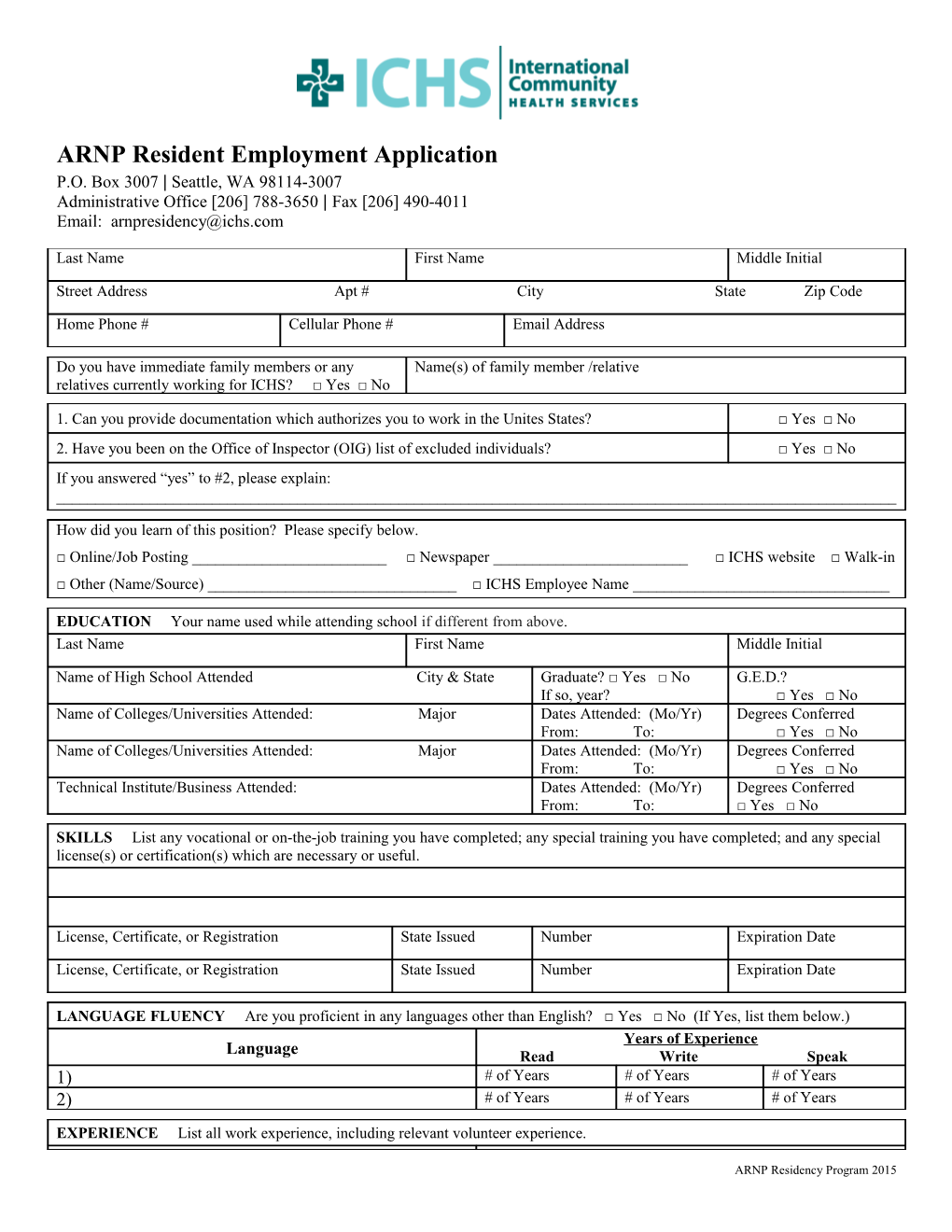 ARNP Resident Employment Application