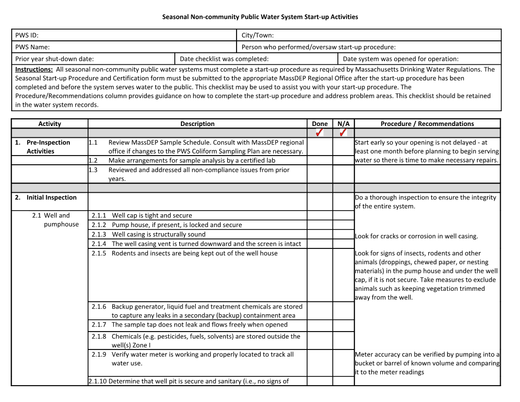 Seasonal Non-Community Public Water System Start-Up Activities