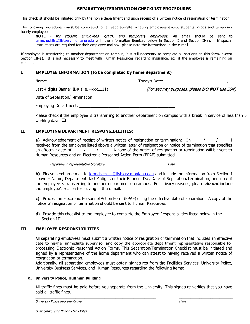 Separation/Termination Checklist Procedures