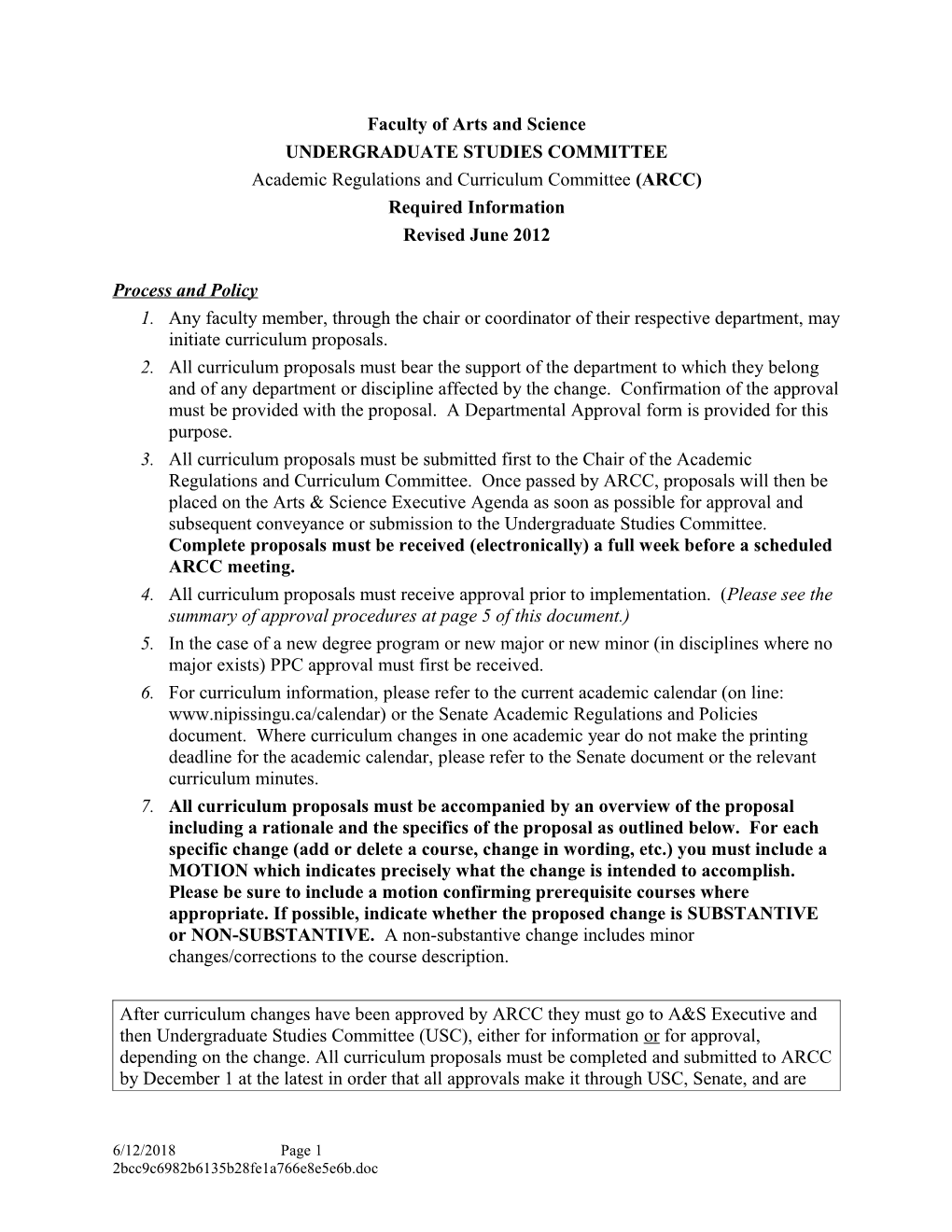 Faculty of Arts and Science University Curriculum Committee