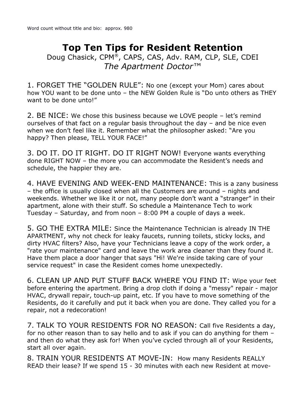 Top Ten Tips for Resident Retention