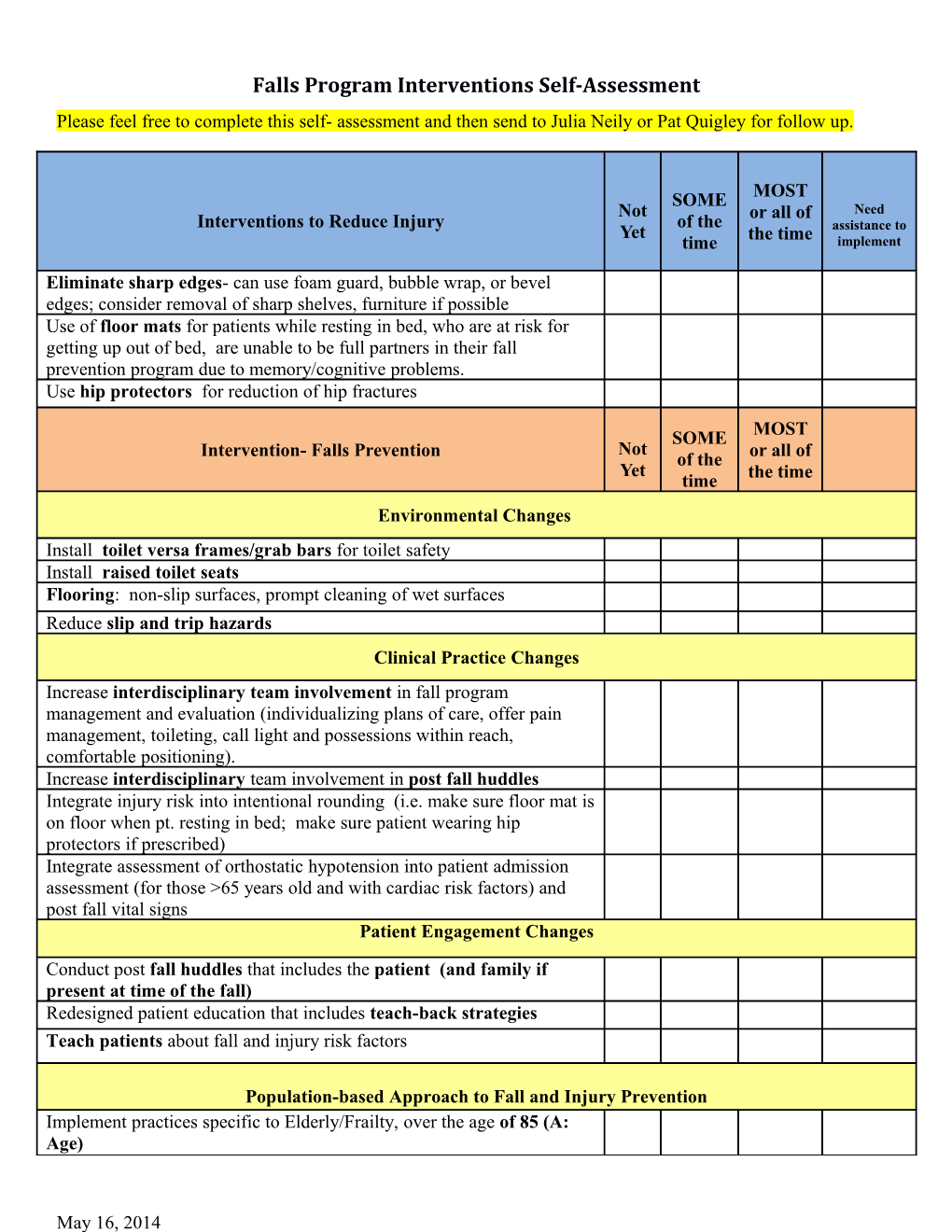 Falls Program Interventions Self-Assessment