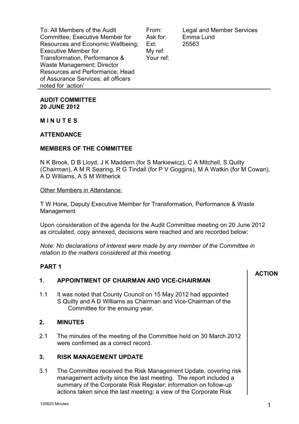 Minutes of a Meeting of the Audit Committee Held on Friday 30 March 2012 at 10.00Am