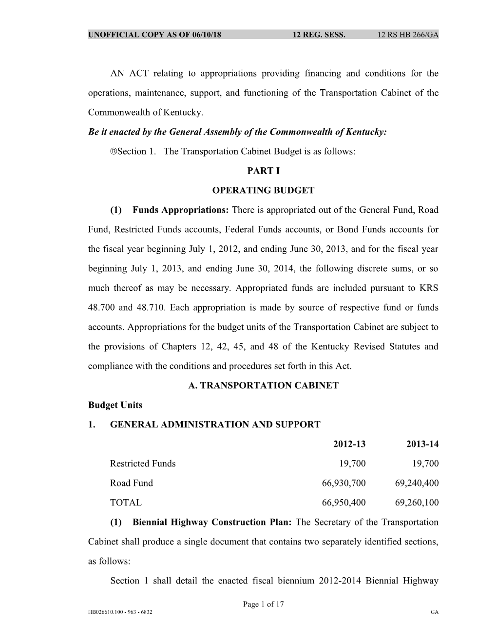 AN ACT Relating to Appropriations Providing Financing and Conditions for the Operations s1