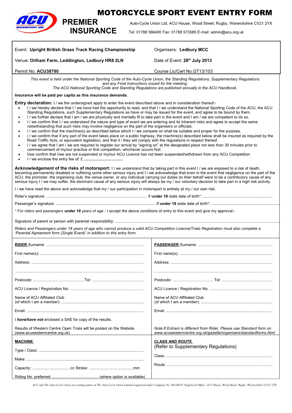 Motorcycle Sport Event Entry Form