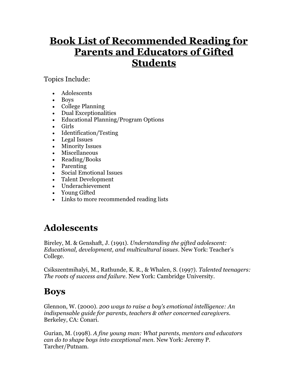 Book List of Recommended Reading for Parents and Educators of Gifted Students