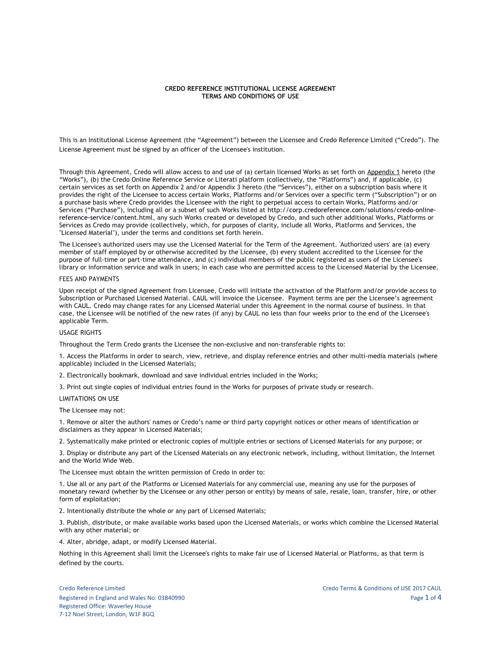 Credo Reference Institutional License Agreement Terms and Conditions of Use