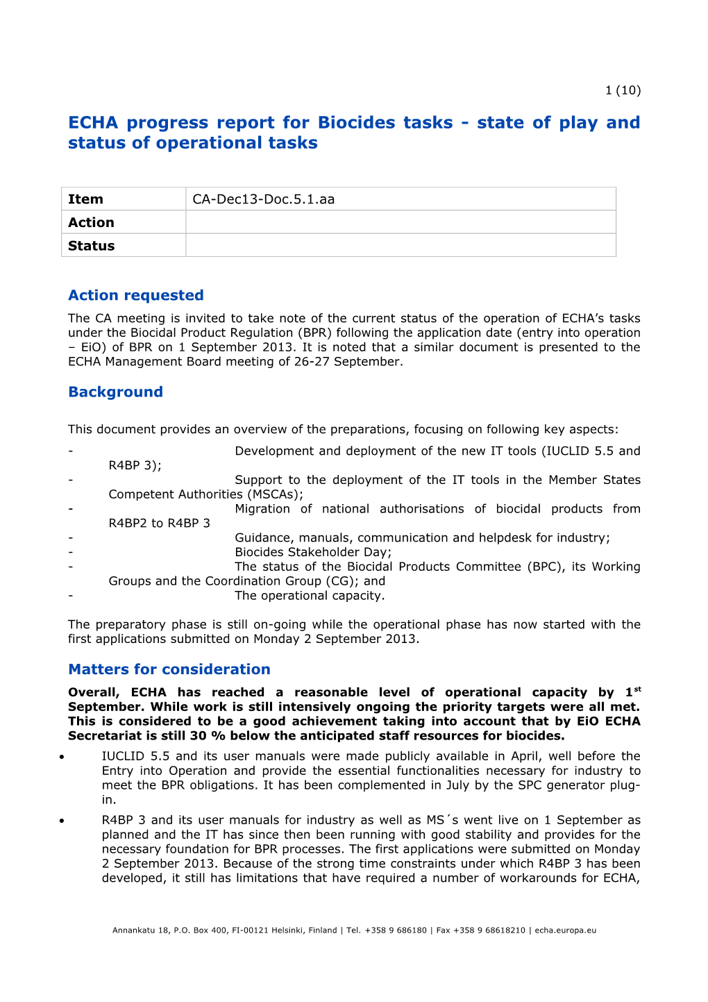 ECHA Progress Report for Biocides Tasks - State of Play and Status of Operational Tasks