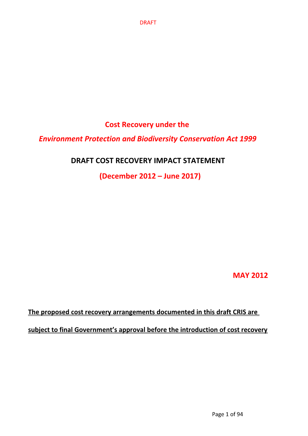 Cost Recovery Under the Environment Protection and Biodiversity Conservation Act 1999 (EPBC