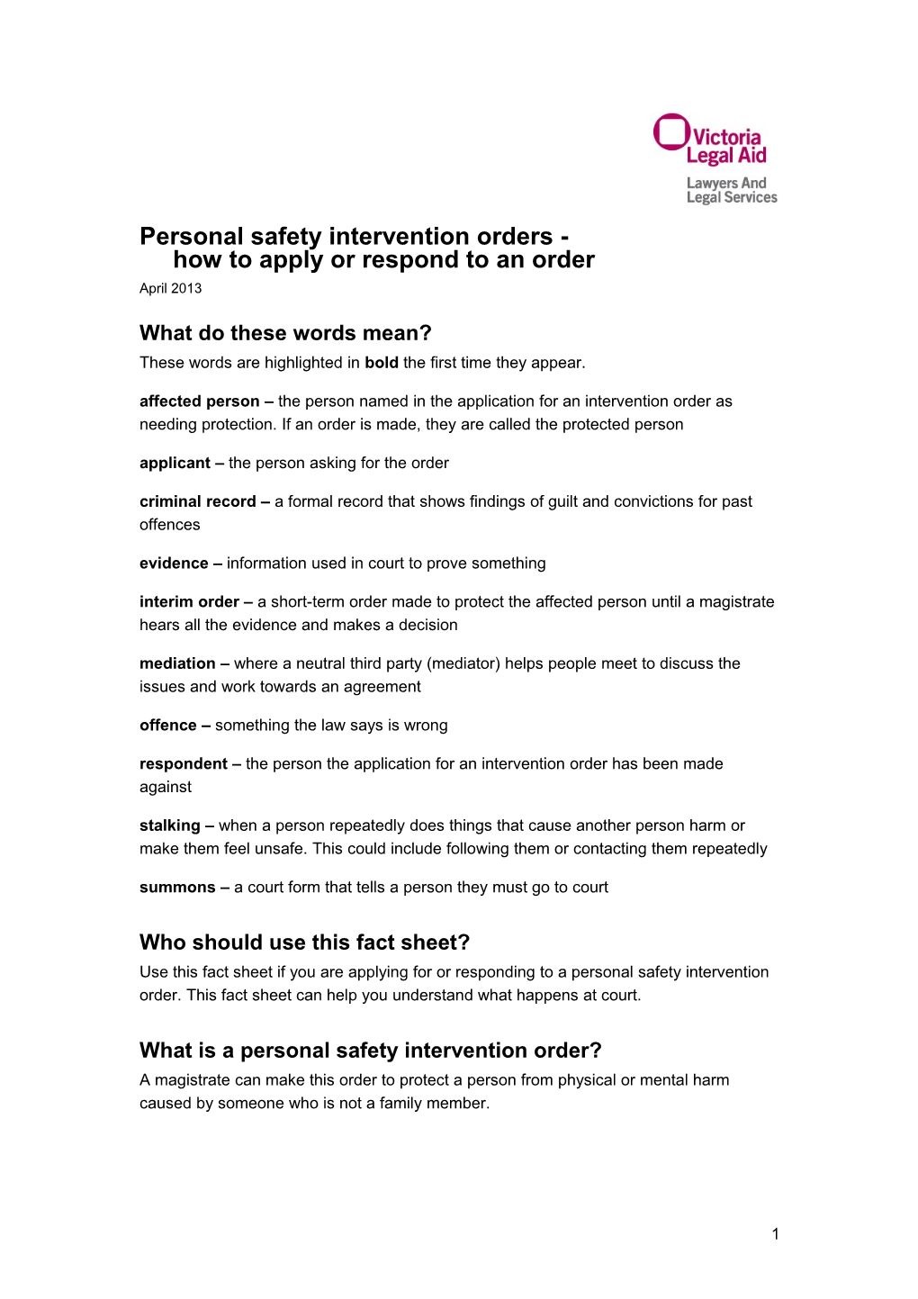 Personal Safety Intervention Orders - How to Apply Or Respond to an Order