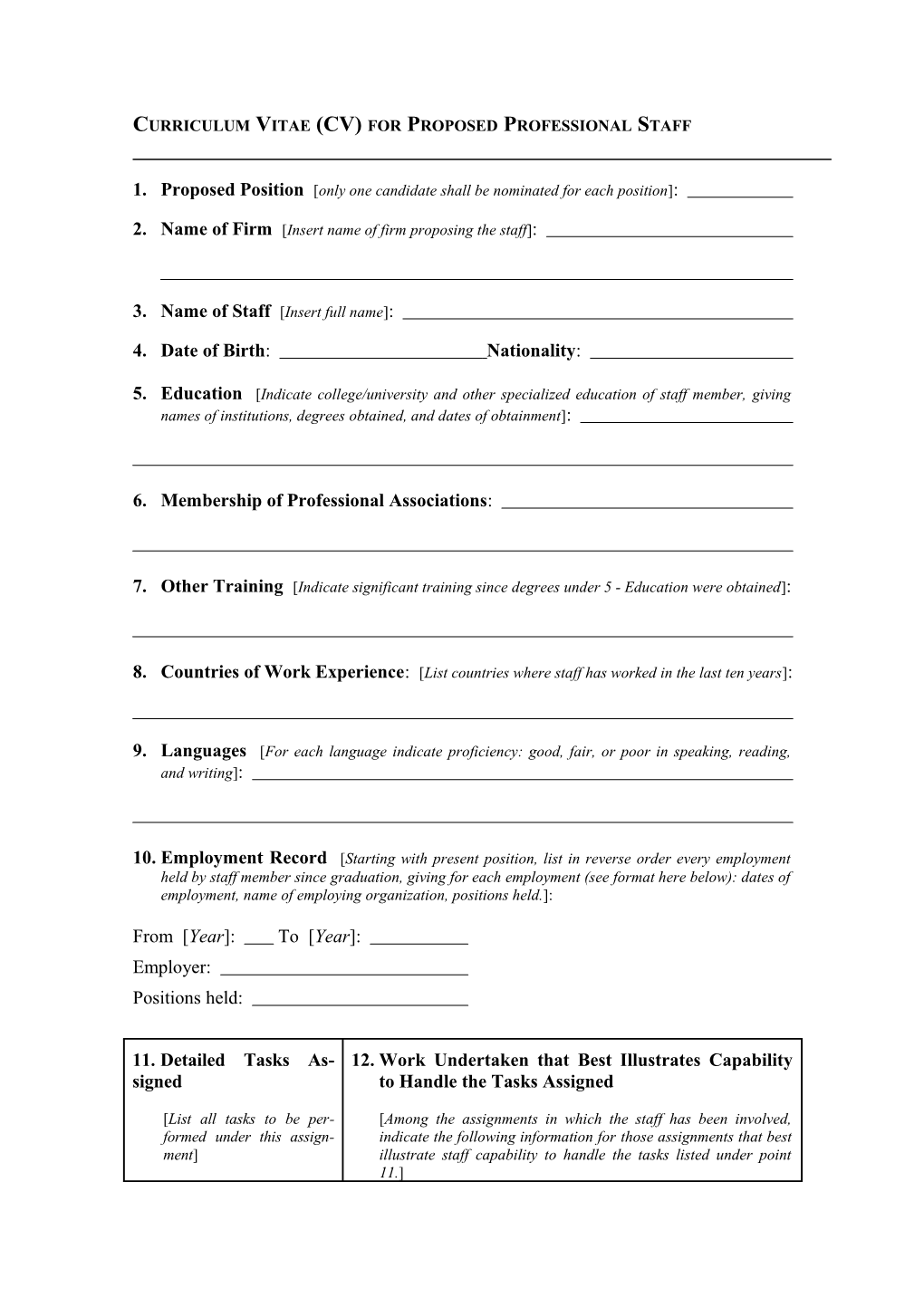 Curriculum Vitae (Cv) for Proposed Professional Staff