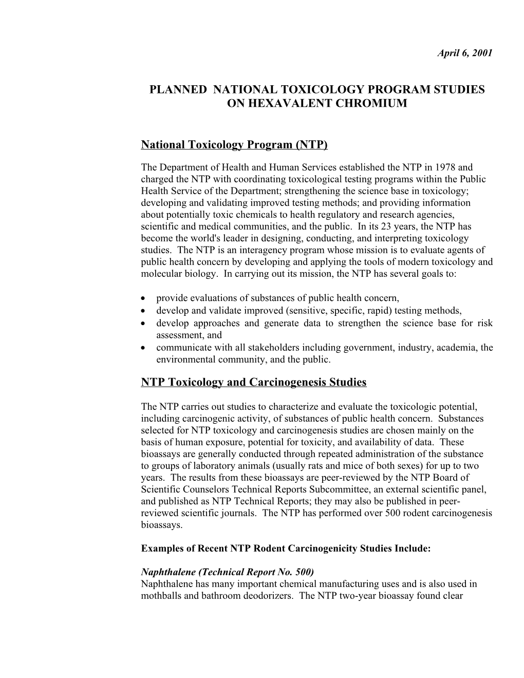 Planned National Toxicology Program (Ntp) Studies on Hexavalent Chromium