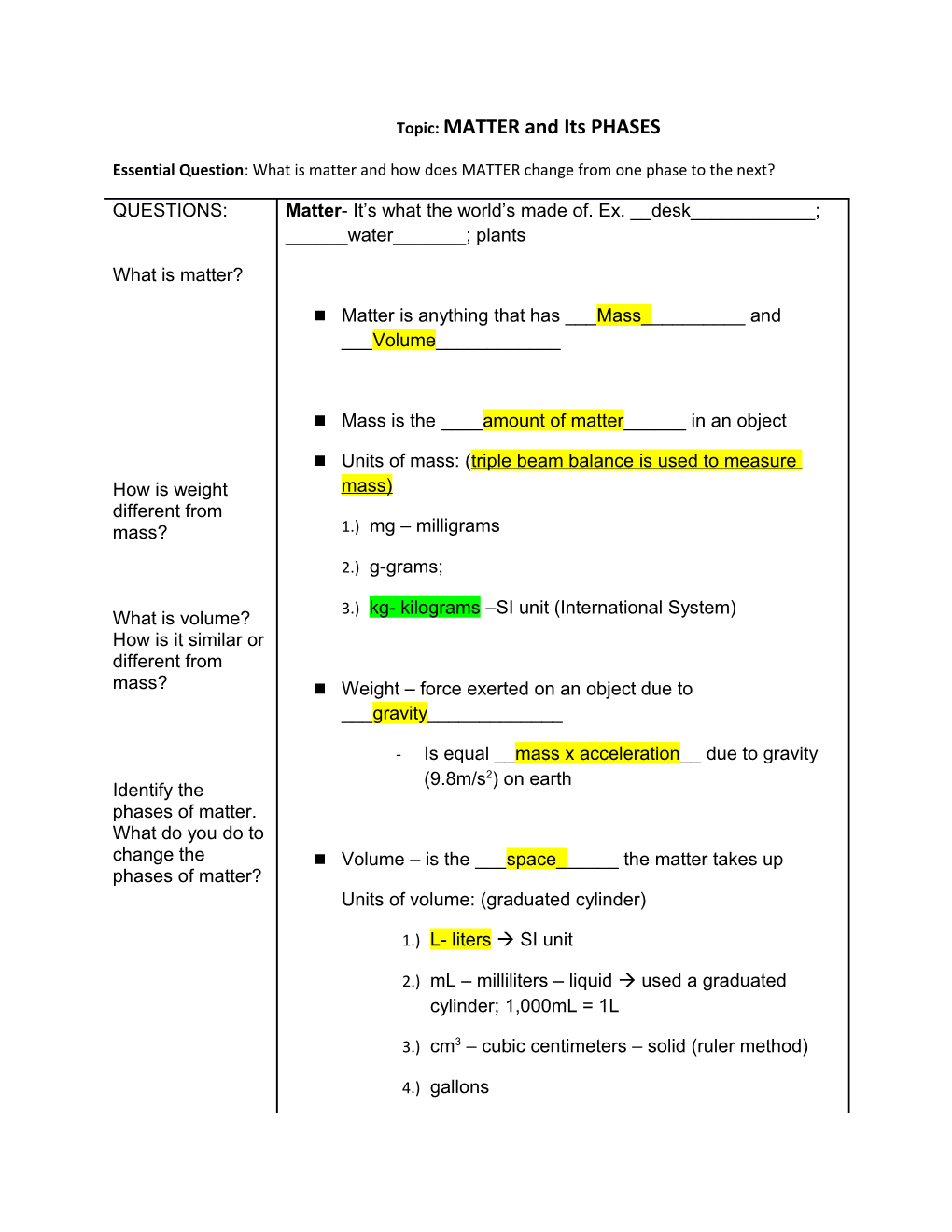 Topic: MATTER and Its PHASES