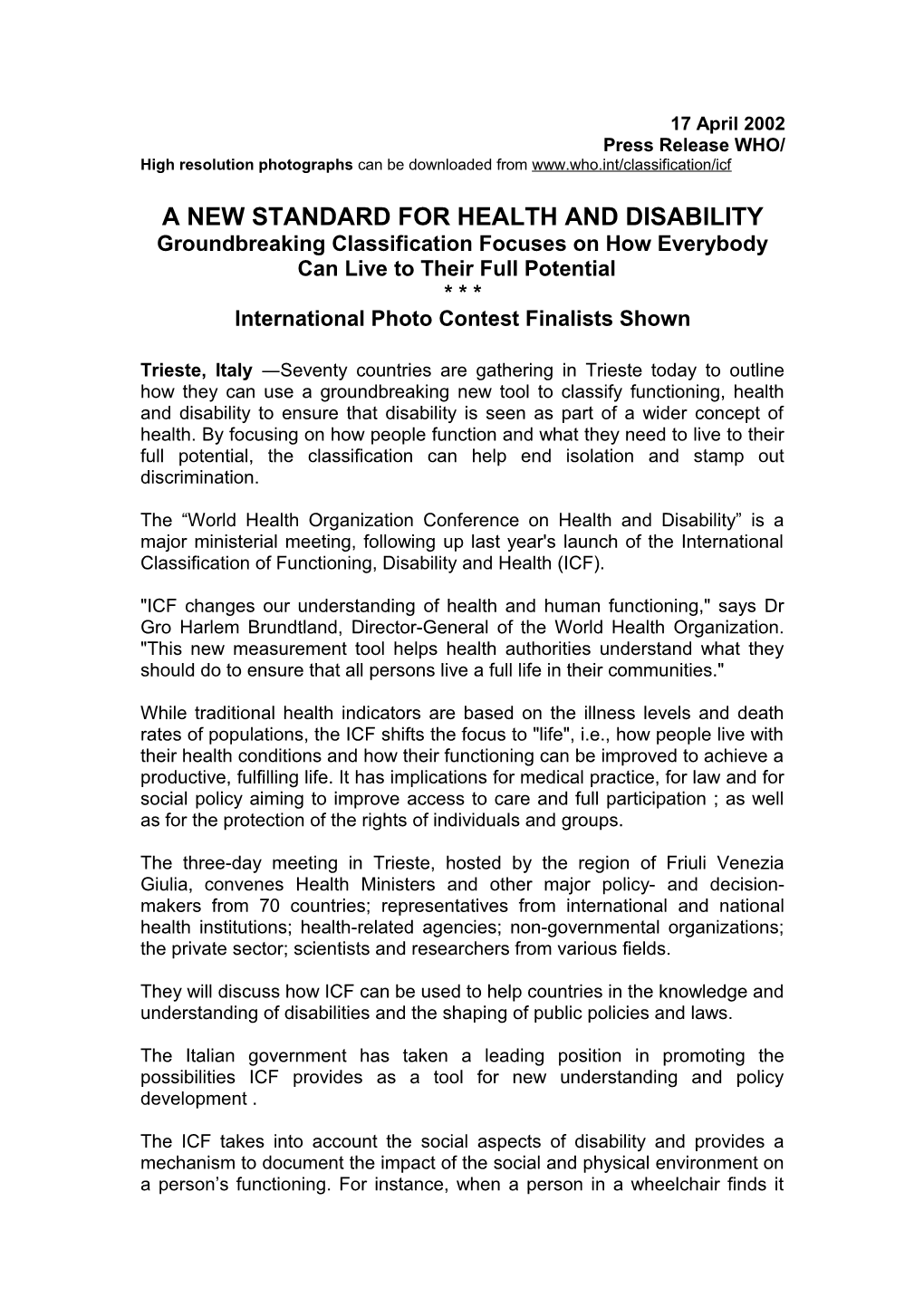 A New Standard for Health and Disability