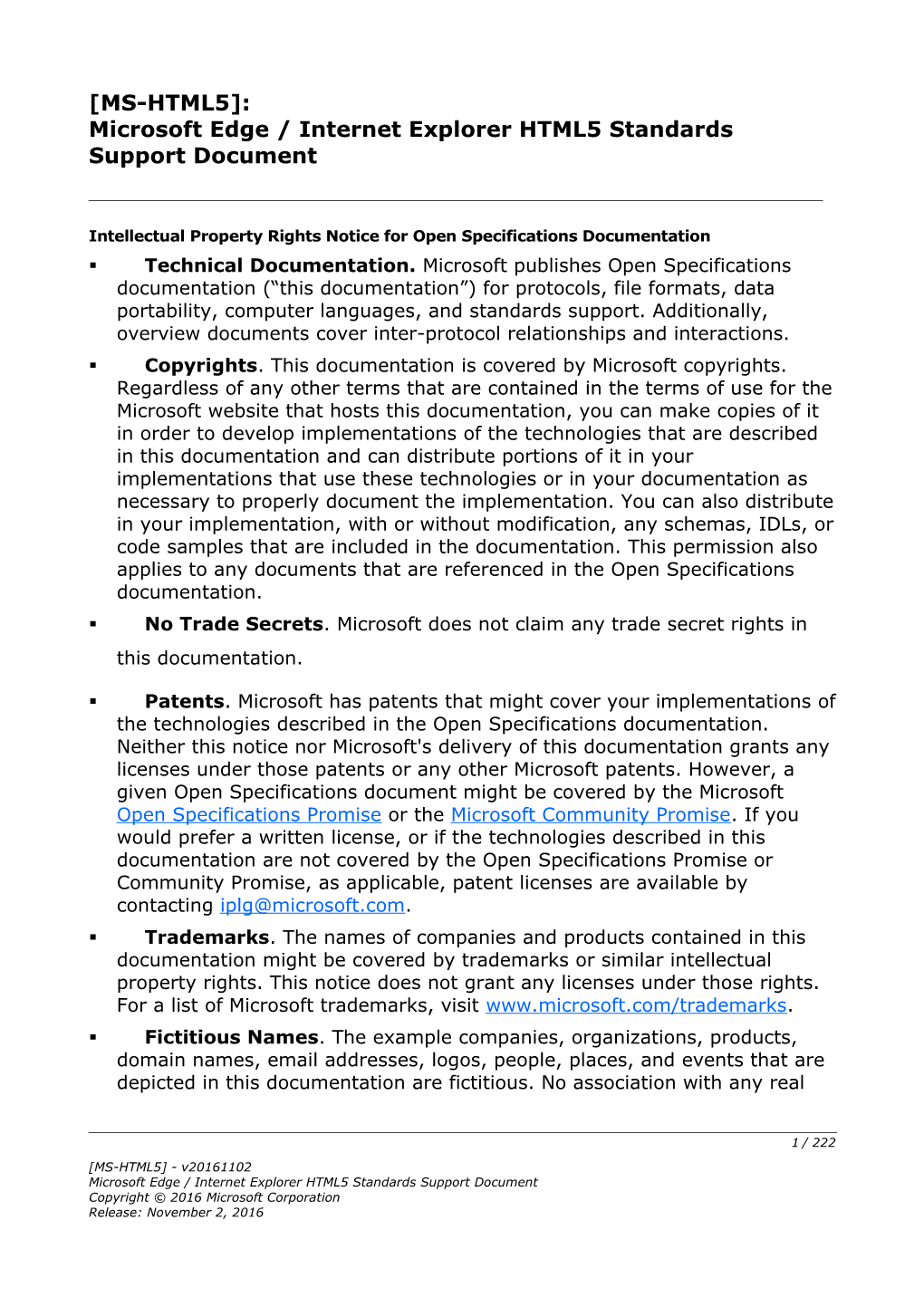 Microsoft Edge / Internet Explorer HTML5 Standards Support Document