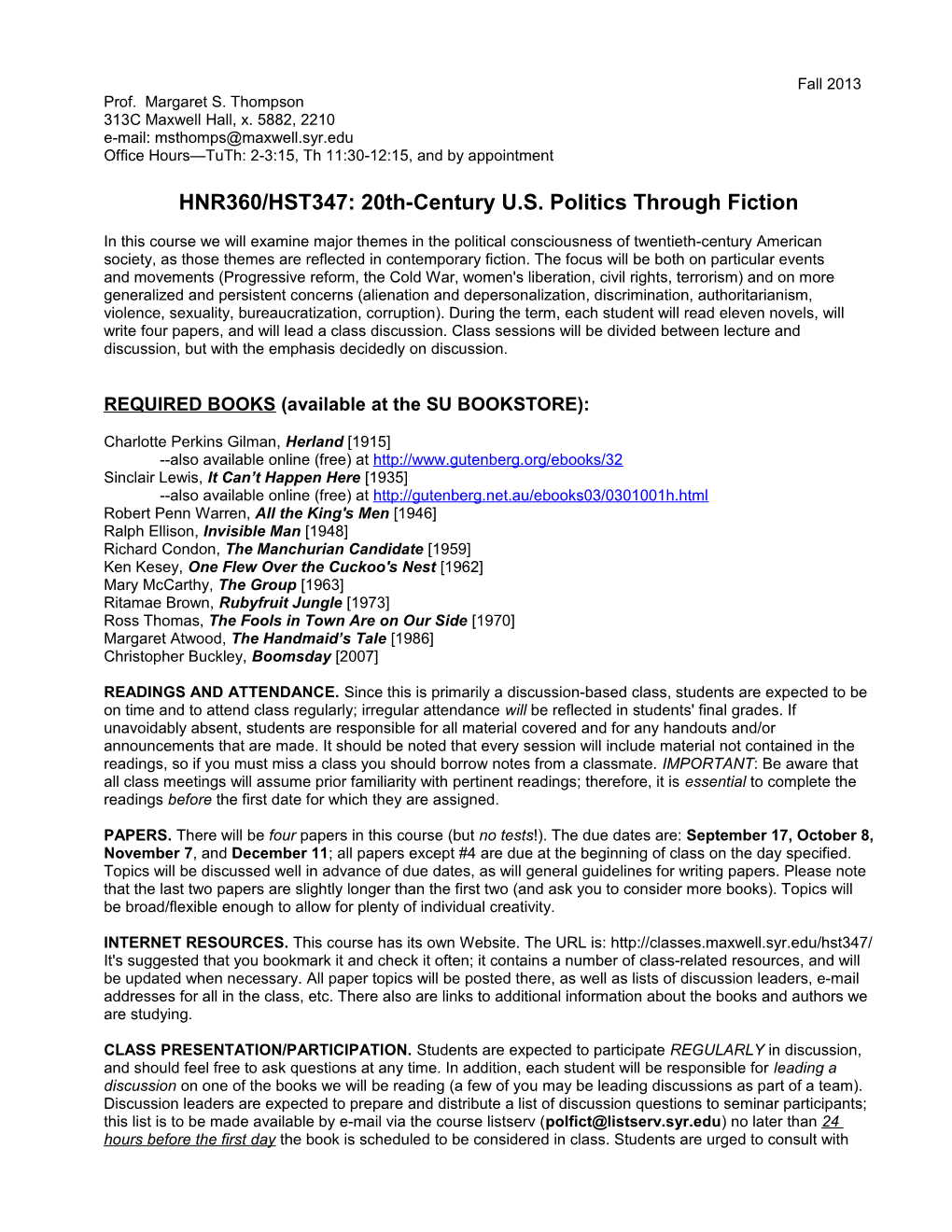 HNR360/HST347: 20Th-Century U.S. Politics Through Fiction