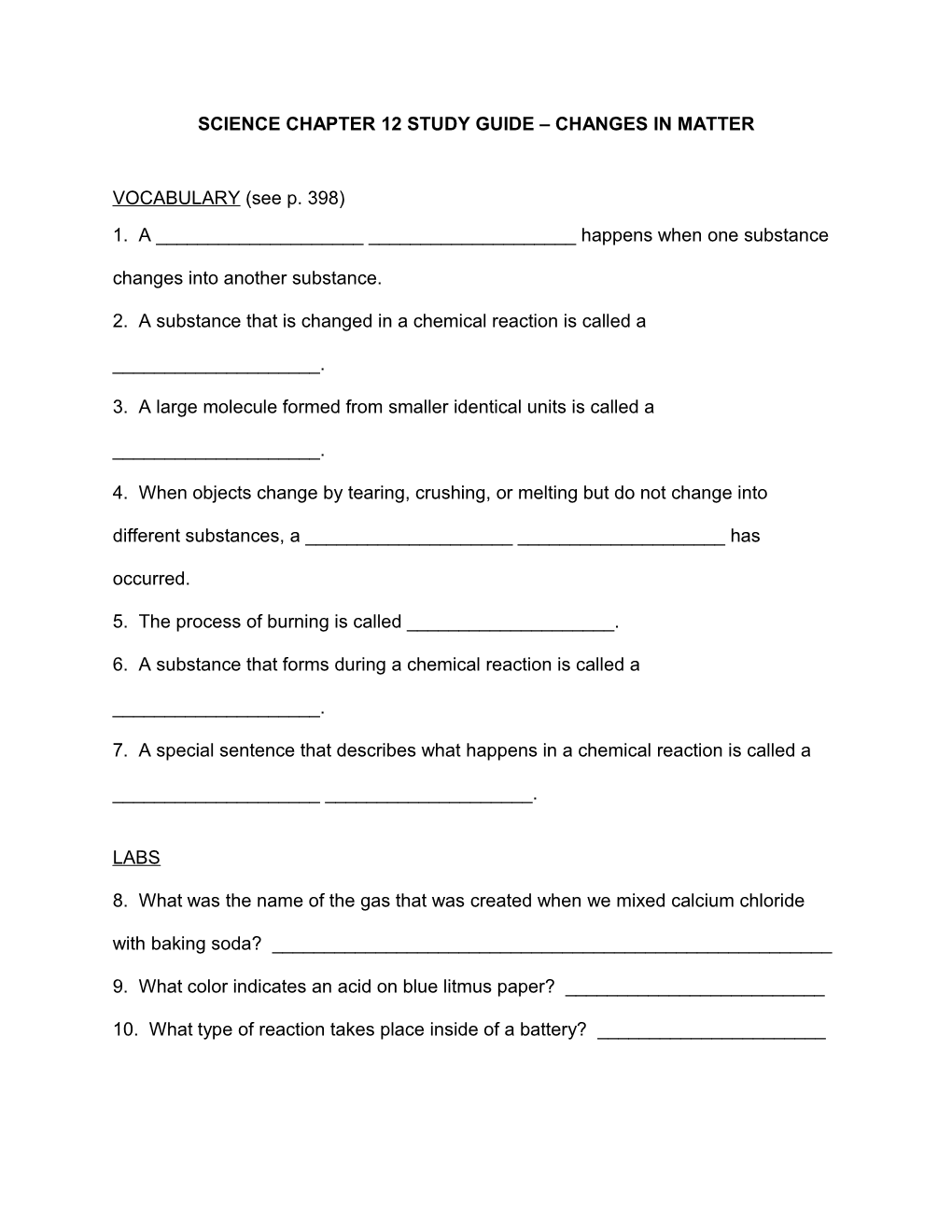 Science Chapter 12 Study Guide Changes in Matter