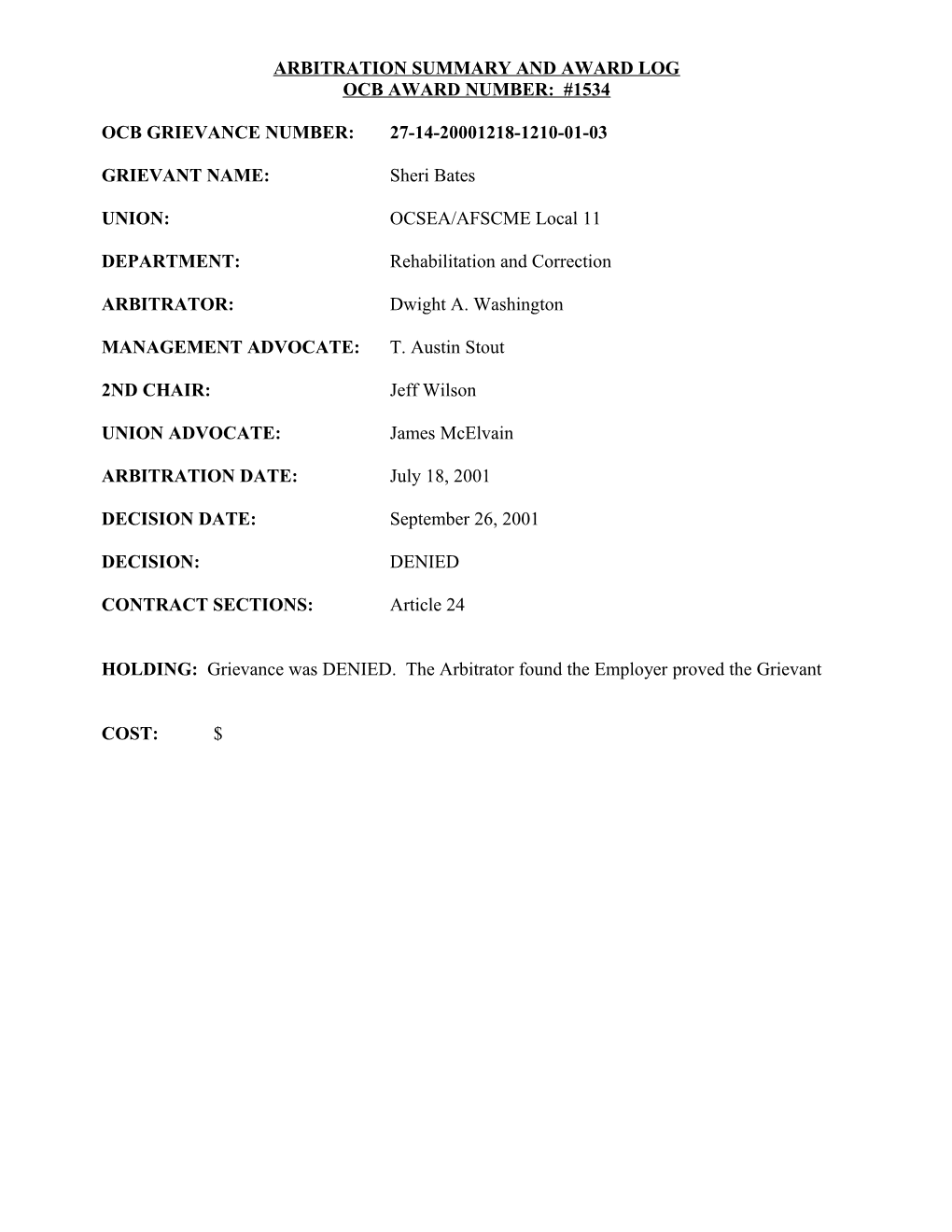 Arbitration Summary and Award Log s5