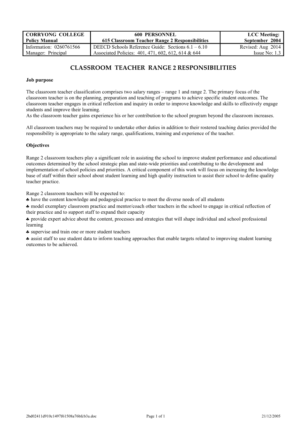 Classroom Teacher Range 2 Responsibilities