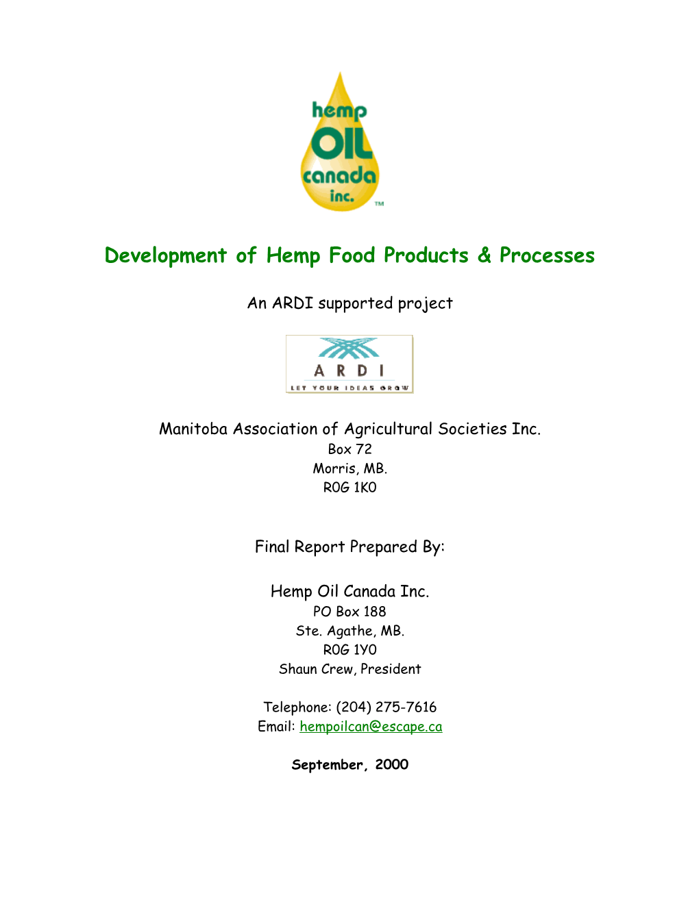 Development of Hemp Food Products & Processes