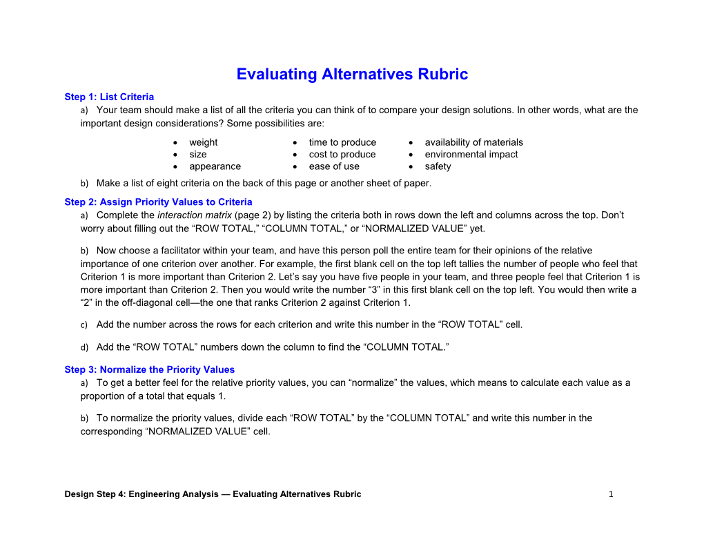 Evaluating Alternatives Rubric