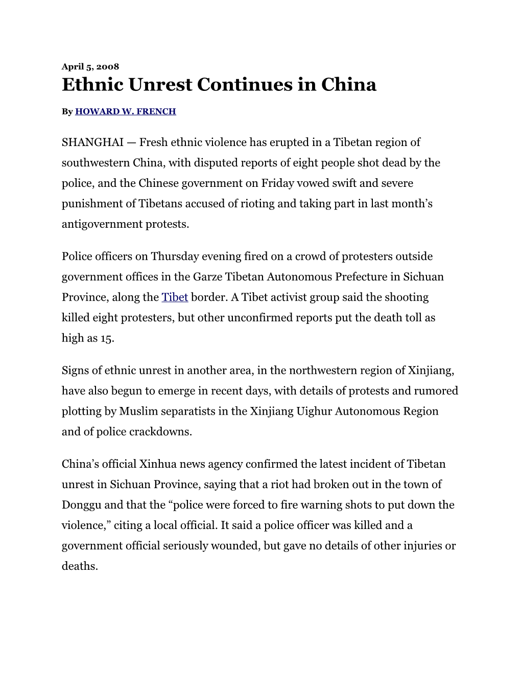 Ethnic Unrest Continues in China