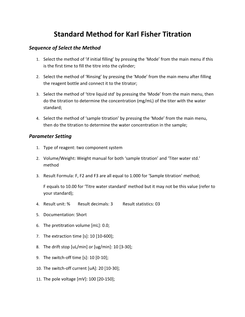 Standard Method for Karl Fisher Titration